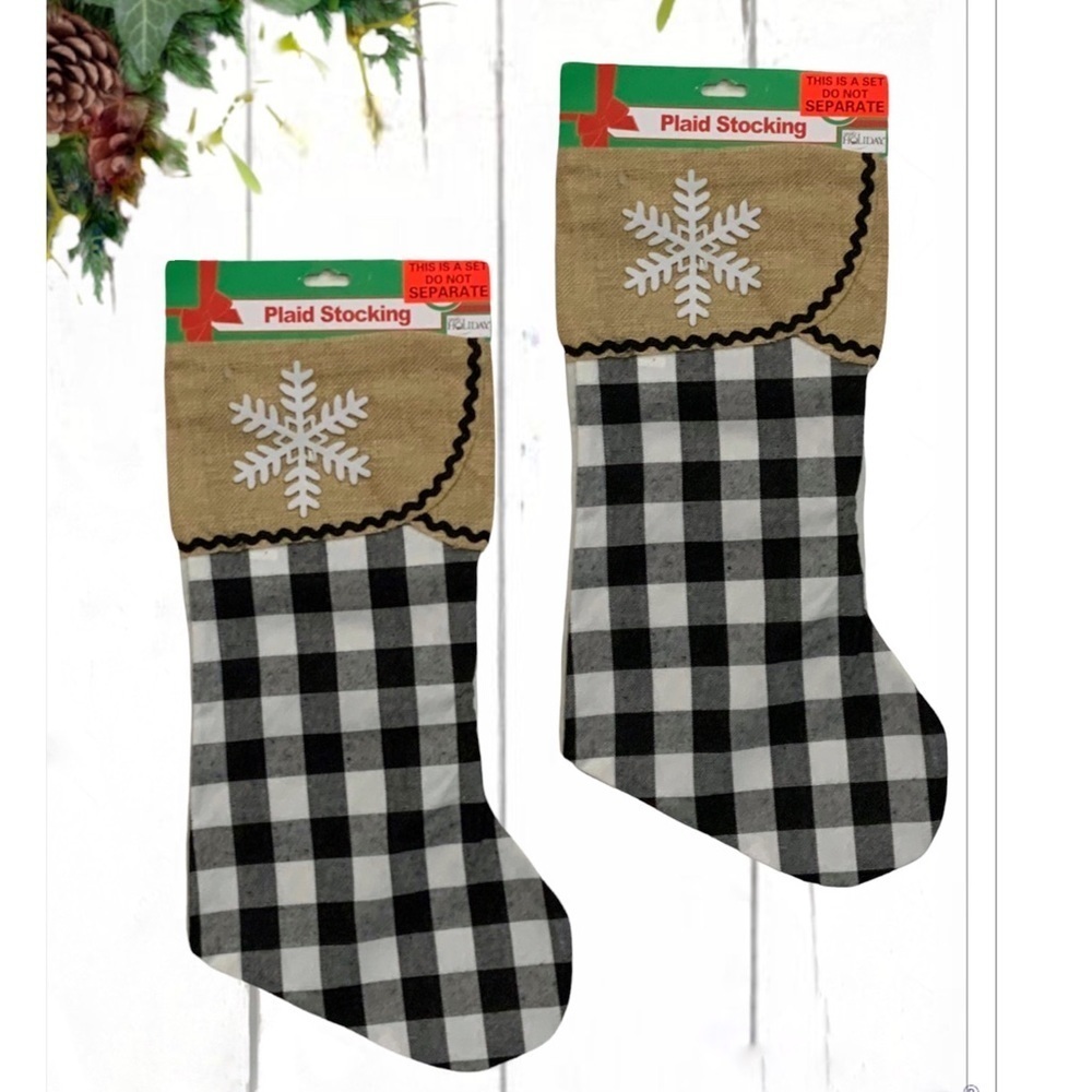 Christmas Stockings Buffalo Plaid Check Black White Burlap Set of 2